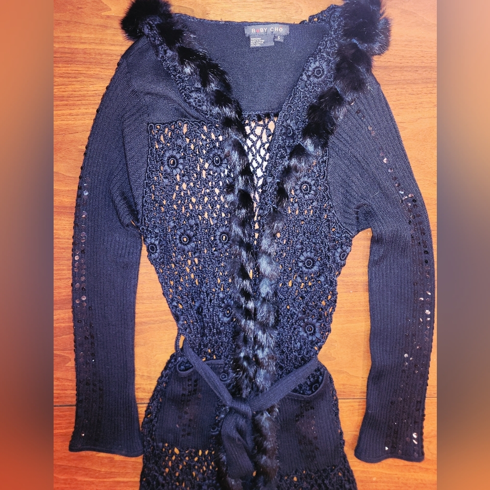 Ruby Cho Black Sequin Crochet Faux Fur Trim Duster Cardigan S - Picture 11 of 14